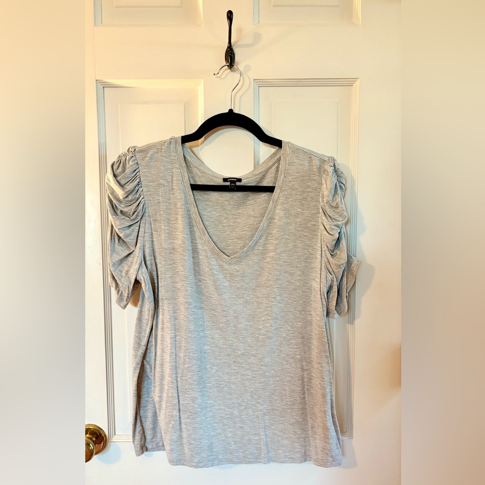Express Gray V-Neck Ruched Sleeve Top